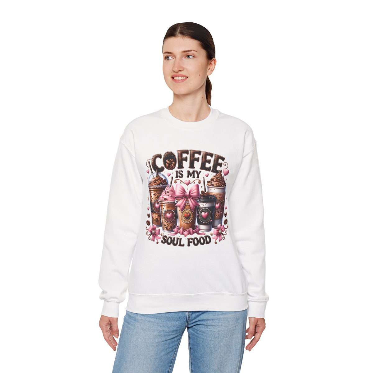 Coffee Is My Soul Food, Iced Coffee, Pink Bow – Gildan Heavy Blend | Trendy Women’s Soft Sweatshirt. Direct to Garment. Printed & Shipped in the USA. Unisex Sizes.