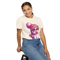 Pink Girly Snowman with Heart Sunglasses and Bubblegum Winter - Comfort Colors | Trendy Women's T-Shirt. Direct to Garment. Printed & Shipped in the USA. Unisex Sizes.