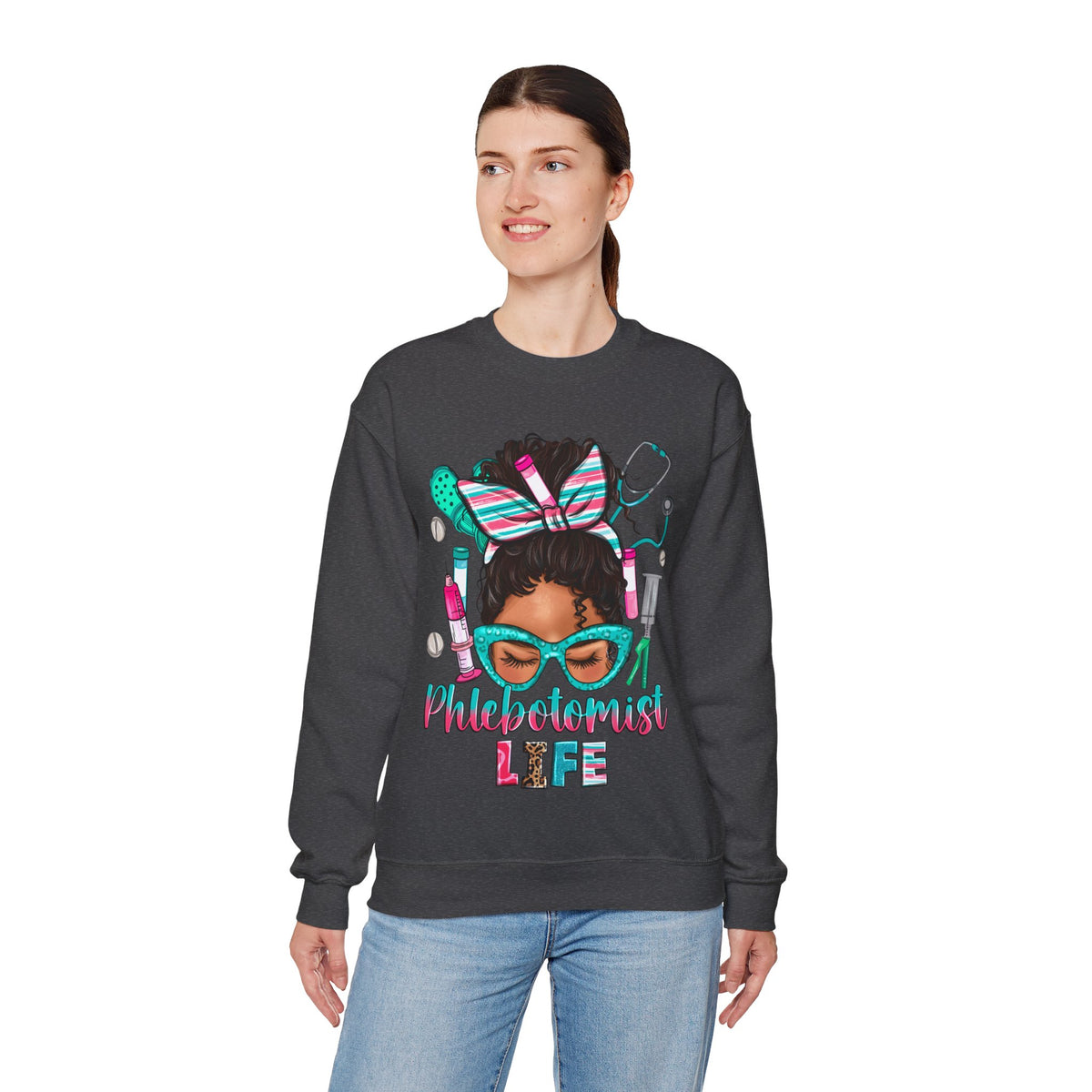 Phlebotomist Life, Messy Bun – Gildan Heavy Blend | Trendy Women’s Soft Sweatshirt. Direct to Garment. Printed & Shipped in the USA. Unisex Sizes.