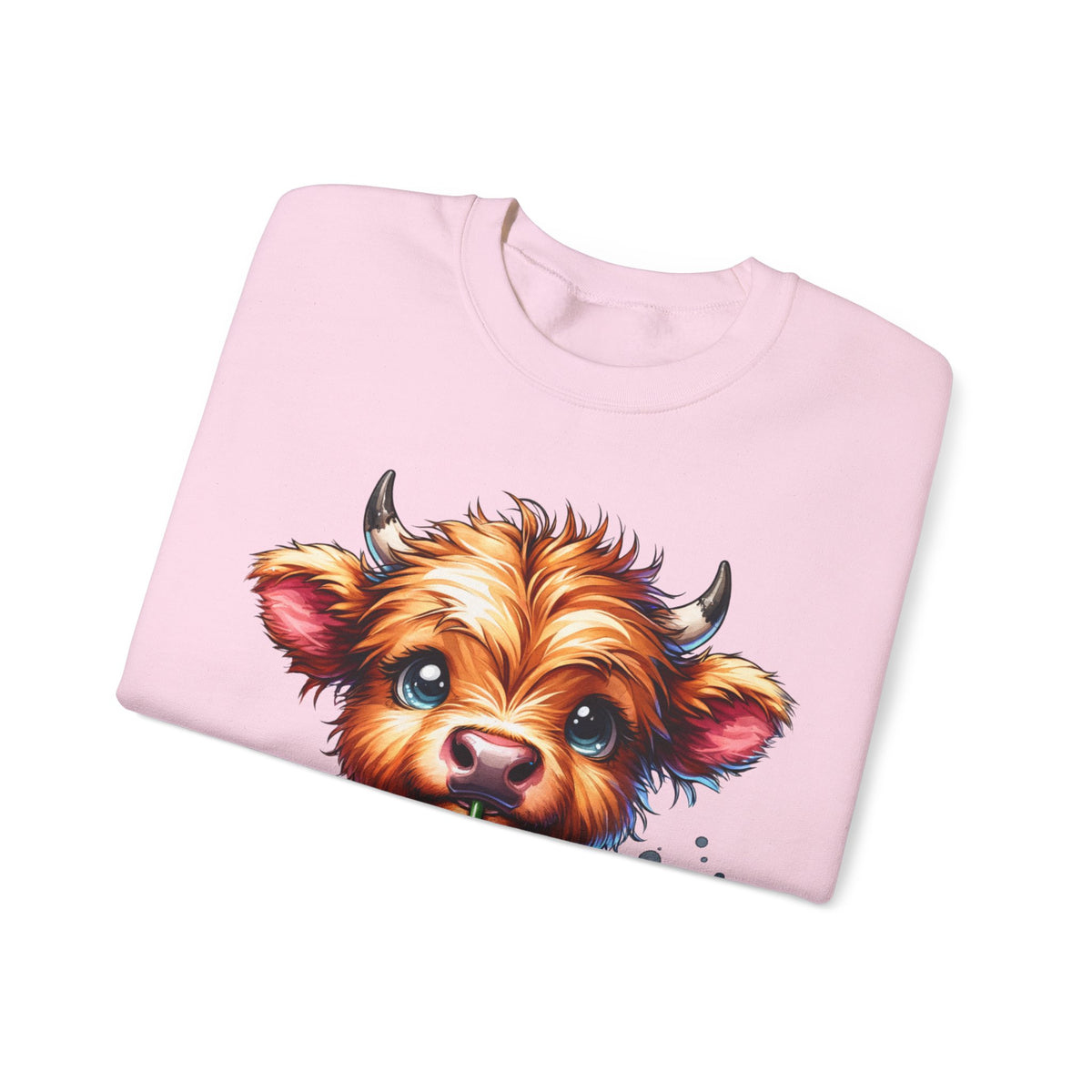 Coffee Addict Highland Cow Drinking Iced Coffee – Gildan Heavy Blend | Trendy Women’s Soft Sweatshirt. Direct to Garment. Printed & Shipped in the USA. Unisex Sizes.