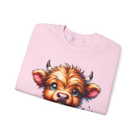 Coffee Addict Highland Cow Drinking Iced Coffee – Gildan Heavy Blend | Trendy Women’s Soft Sweatshirt. Direct to Garment. Printed & Shipped in the USA. Unisex Sizes.