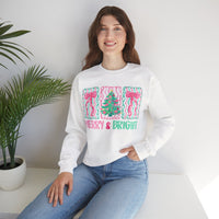 Merry & Bright Christmas - Pink & Green Holiday Tree Design – Gildan Heavy Blend | Trendy Women’s Soft Sweatshirt. Direct to Garment. Printed & Shipped in the USA. Unisex Sizes.