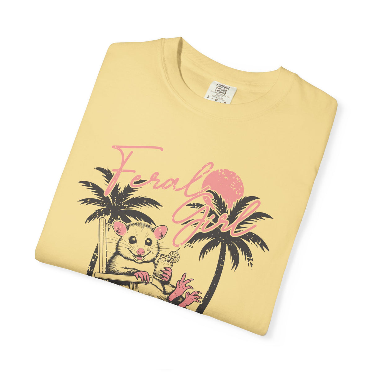 Feral Girl Summer, Possum on a Beach - Comfort Colors | Trendy Women's T-Shirt. Direct to Garment. Printed & Shipped in the USA. Unisex Sizes.