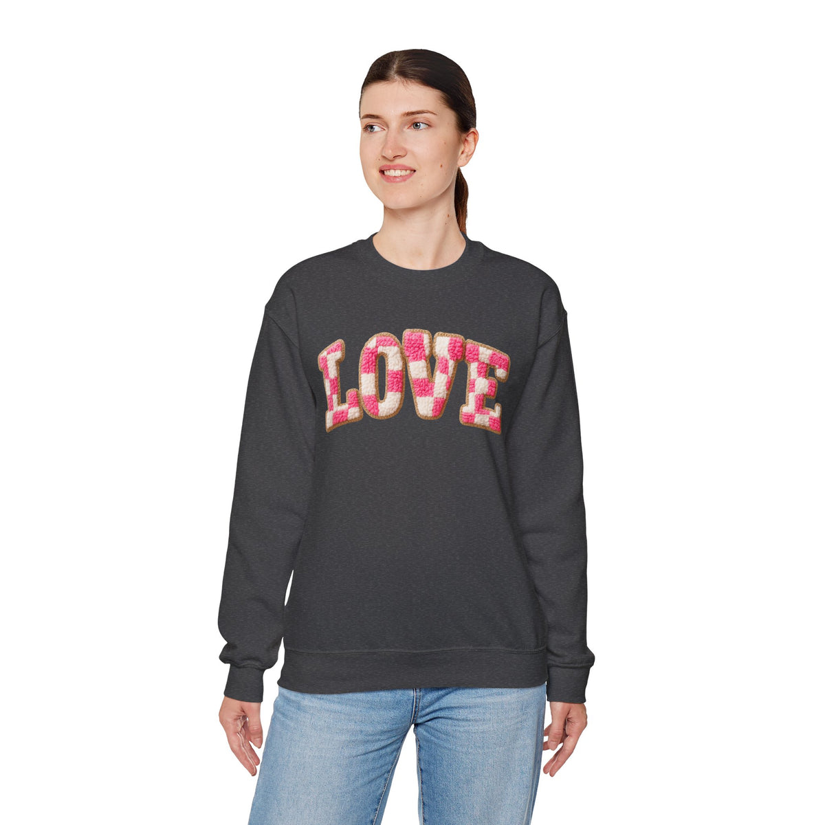 Faux Crochet Checkered LOVE – Gildan Heavy Blend | Trendy Women’s Soft Sweatshirt. Direct to Garment. Printed & Shipped in the USA. Unisex Sizes.