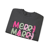 Merry Merry Merry Christmas Festive Candy Cane - Pink and Green – Gildan Heavy Blend | Trendy Women’s Soft Sweatshirt. Direct to Garment. Printed & Shipped in the USA. Unisex Sizes.