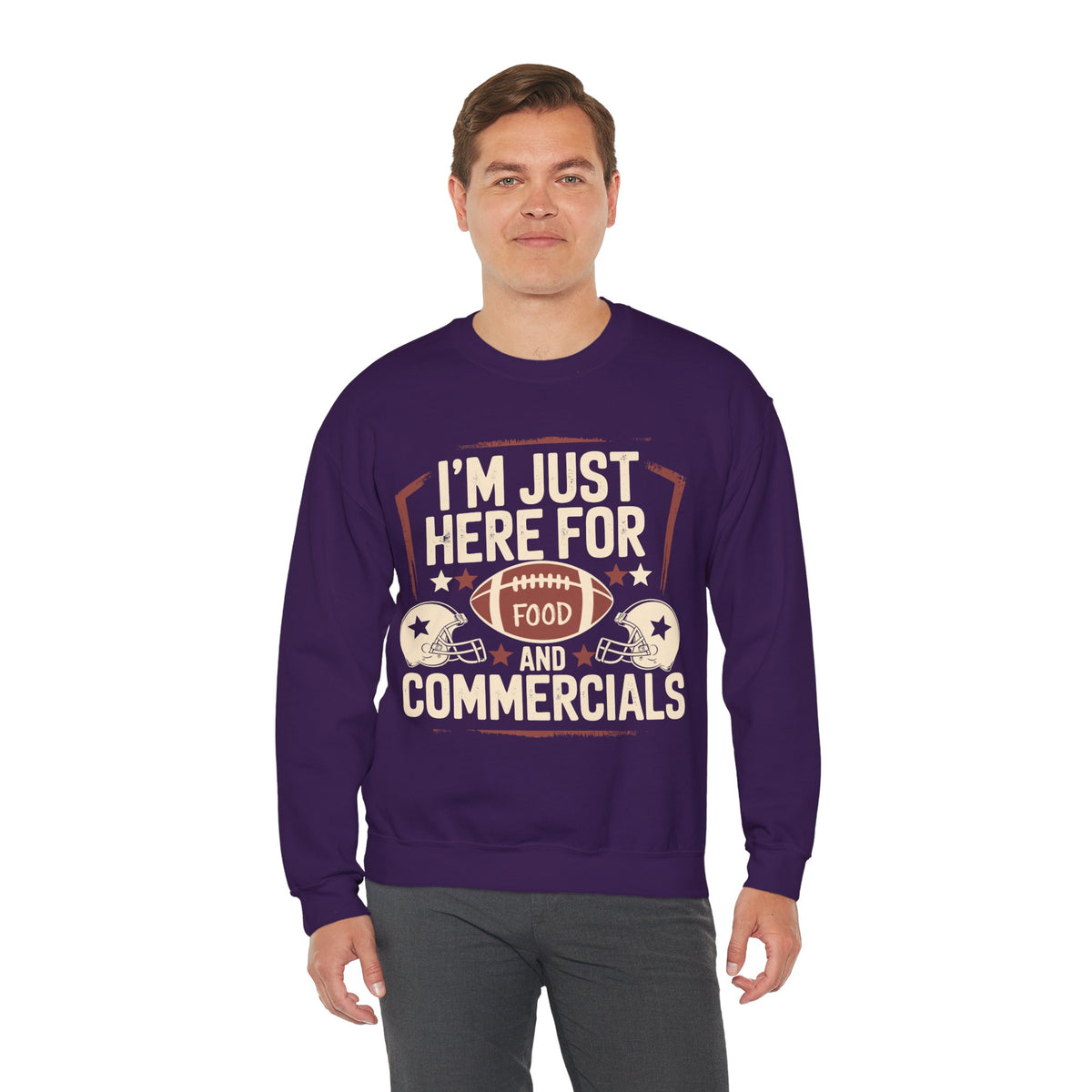 I'm Just Here for Food and Commercials – Gildan Heavy Blend | Trendy Women’s and Men's Soft Sweatshirt. Direct to Garment. Printed & Shipped in the USA. Unisex Sizes.