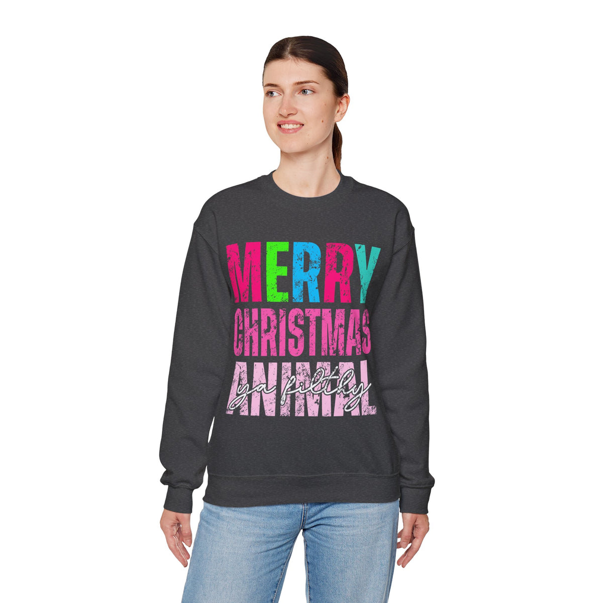 Merry Christmas Ya Filthy Animal – Gildan Heavy Blend | Trendy Women’s Soft Sweatshirt. Direct to Garment. Printed & Shipped in the USA. Unisex Sizes.