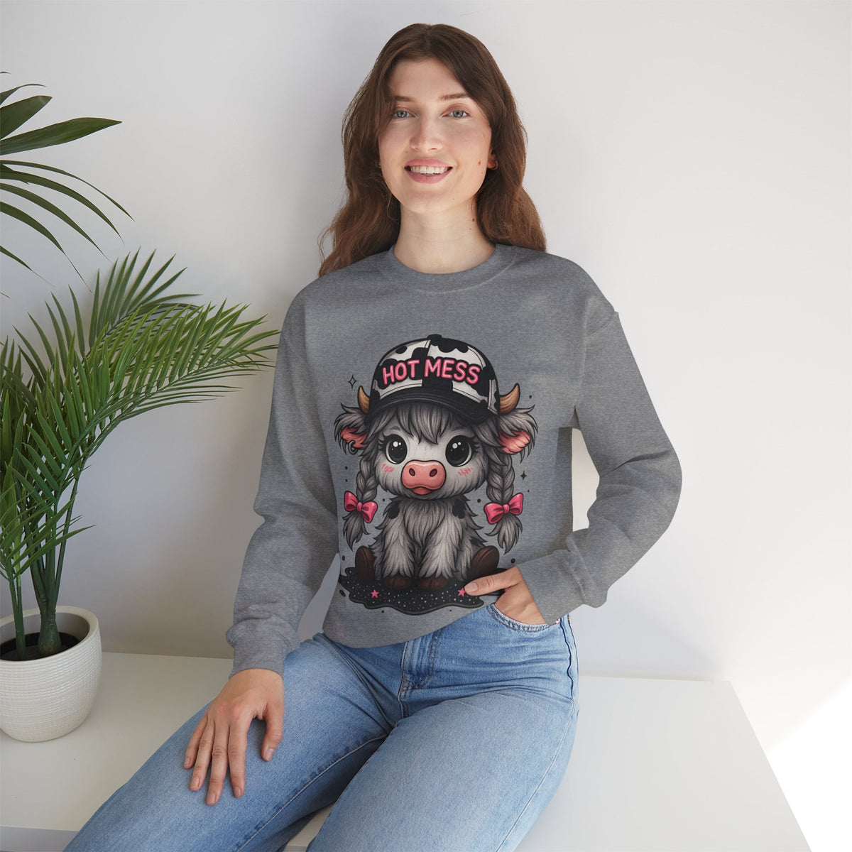 Cute Highland Cow 'Hot Mess' In Braids – Gildan Heavy Blend | Trendy Women’s Soft Sweatshirt. Direct to Garment. Printed & Shipped in the USA. Unisex Sizes.