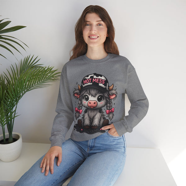 Cute Highland Cow 'Hot Mess' In Braids – Gildan Heavy Blend | Trendy Women’s Soft Sweatshirt. Direct to Garment. Printed & Shipped in the USA. Unisex Sizes.