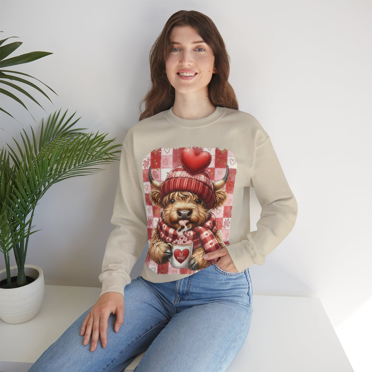 Highland Cow Be Mine, Red Checkered – Gildan Heavy Blend | Trendy Women’s Soft Sweatshirt. Direct to Garment. Printed & Shipped in the USA. Unisex Sizes.