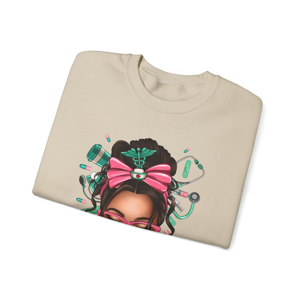 Nurse Life Messy Bun, Cute Stethescope & Syringe – Gildan Heavy Blend | Trendy Women’s Soft Sweatshirt. Direct to Garment. Printed & Shipped in the USA. Unisex Sizes.