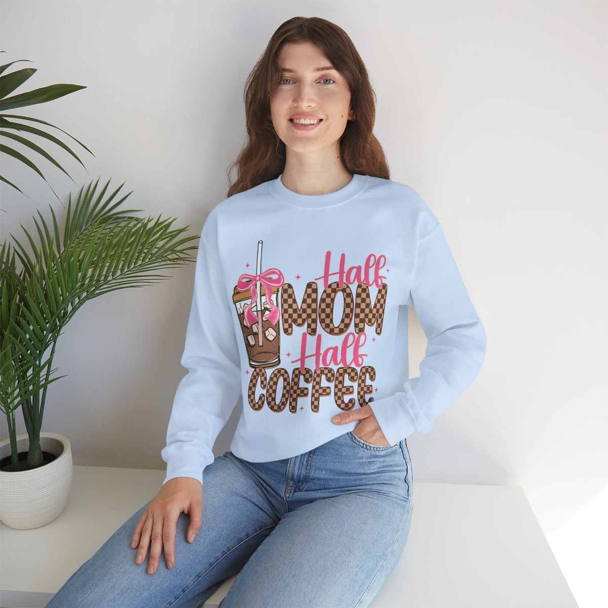 Half Mom Half Coffee, Cute Leopard Print Coffee Design – Gildan Heavy Blend | Trendy Women’s Soft Sweatshirt. Direct to Garment. Printed & Shipped in the USA. Unisex Sizes.