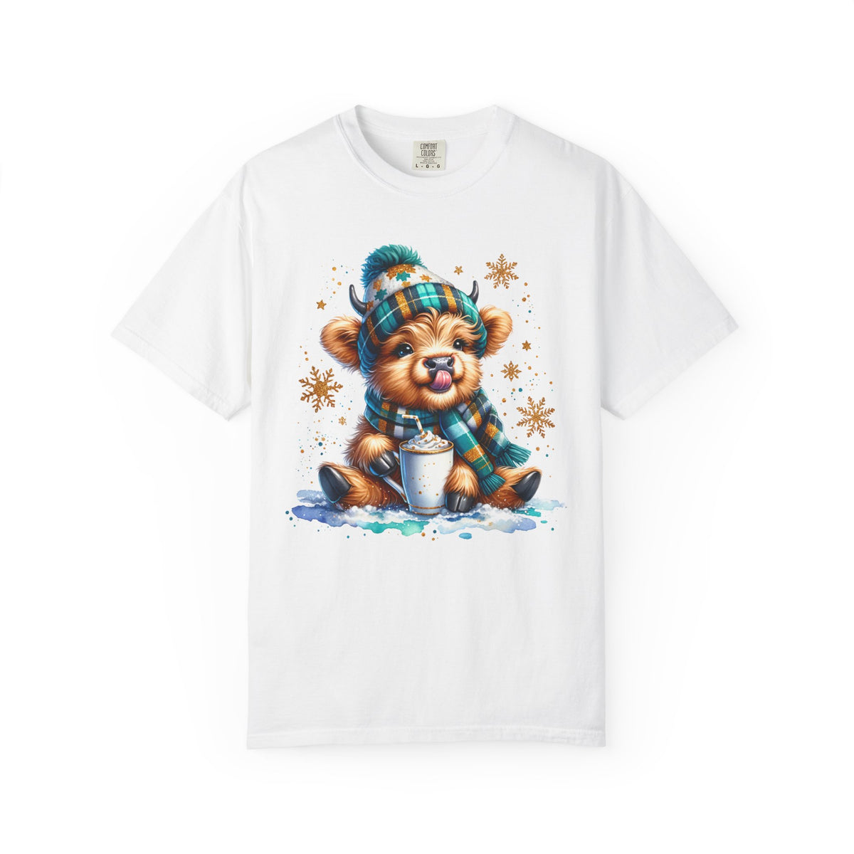 Winter Baby Highland Cow with Cocoa  - Comfort Colors | Trendy Women's T-Shirt. Direct to Garment. Printed & Shipped in the USA. Unisex Sizes.