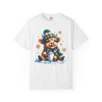 Winter Baby Highland Cow with Cocoa  - Comfort Colors | Trendy Women's T-Shirt. Direct to Garment. Printed & Shipped in the USA. Unisex Sizes.