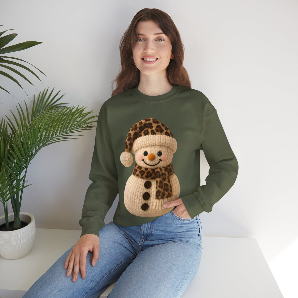 Cute Leopard Faux Knit Snowman Winter – Gildan Heavy Blend | Trendy Women’s Soft Sweatshirt. Direct to Garment. Printed & Shipped in the USA. Unisex Sizes.