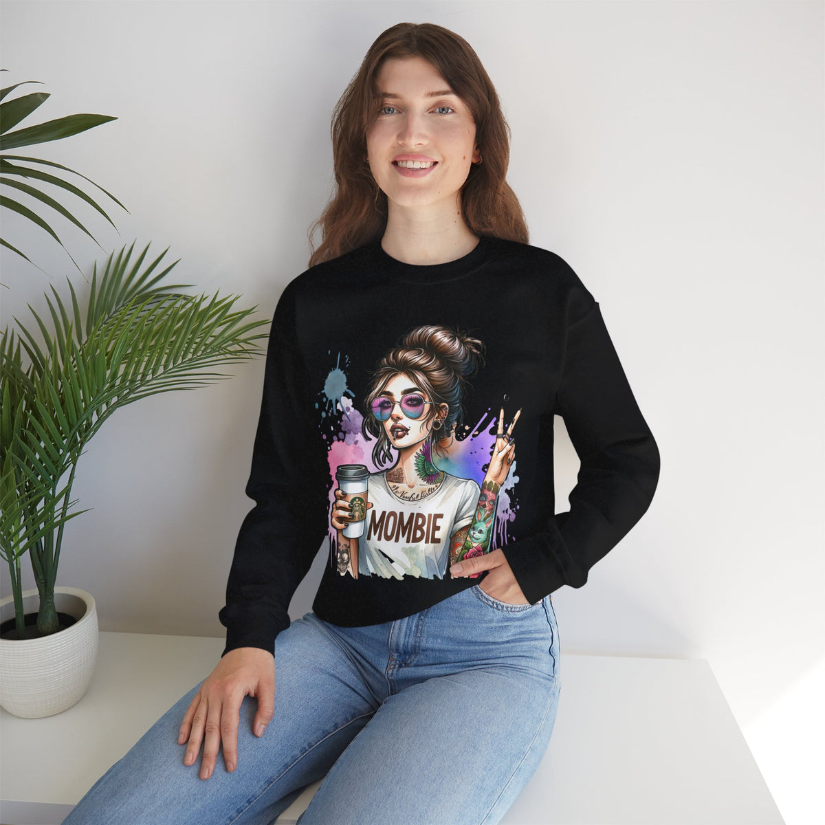 Cool Mombie with Coffee Peace Tattoo - Tired Mom – Gildan Heavy Blend | Trendy Women’s Soft Sweatshirt. Direct to Garment. Printed & Shipped in the USA. Unisex Sizes.