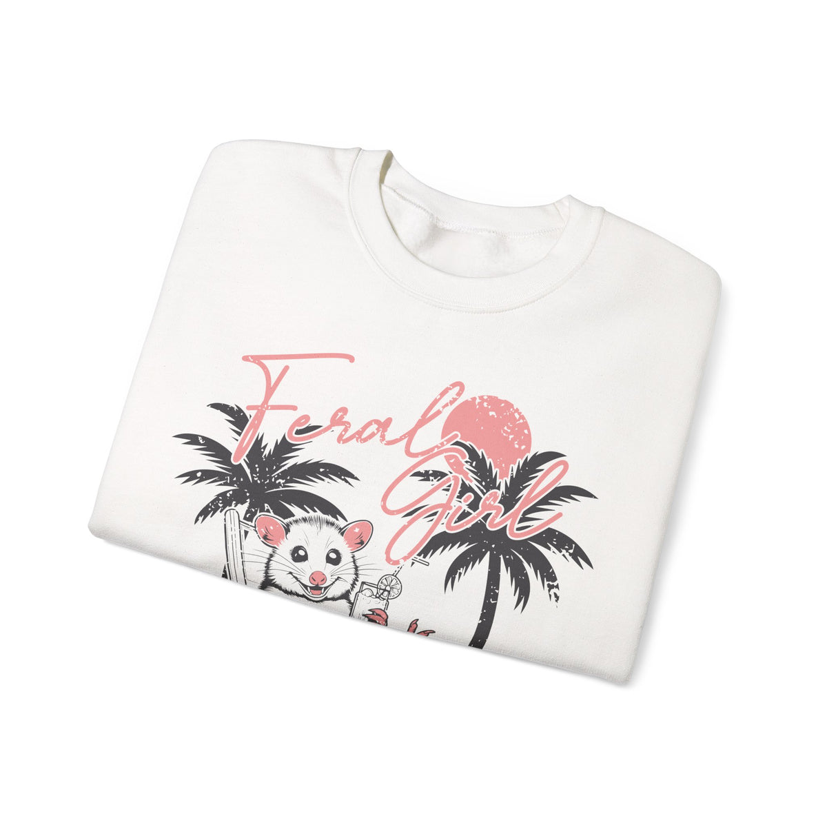 Feral Girl Summer, Possum on a Beach – Gildan Heavy Blend | Trendy Women’s Soft Sweatshirt. Direct to Garment. Printed & Shipped in the USA. Unisex Sizes.