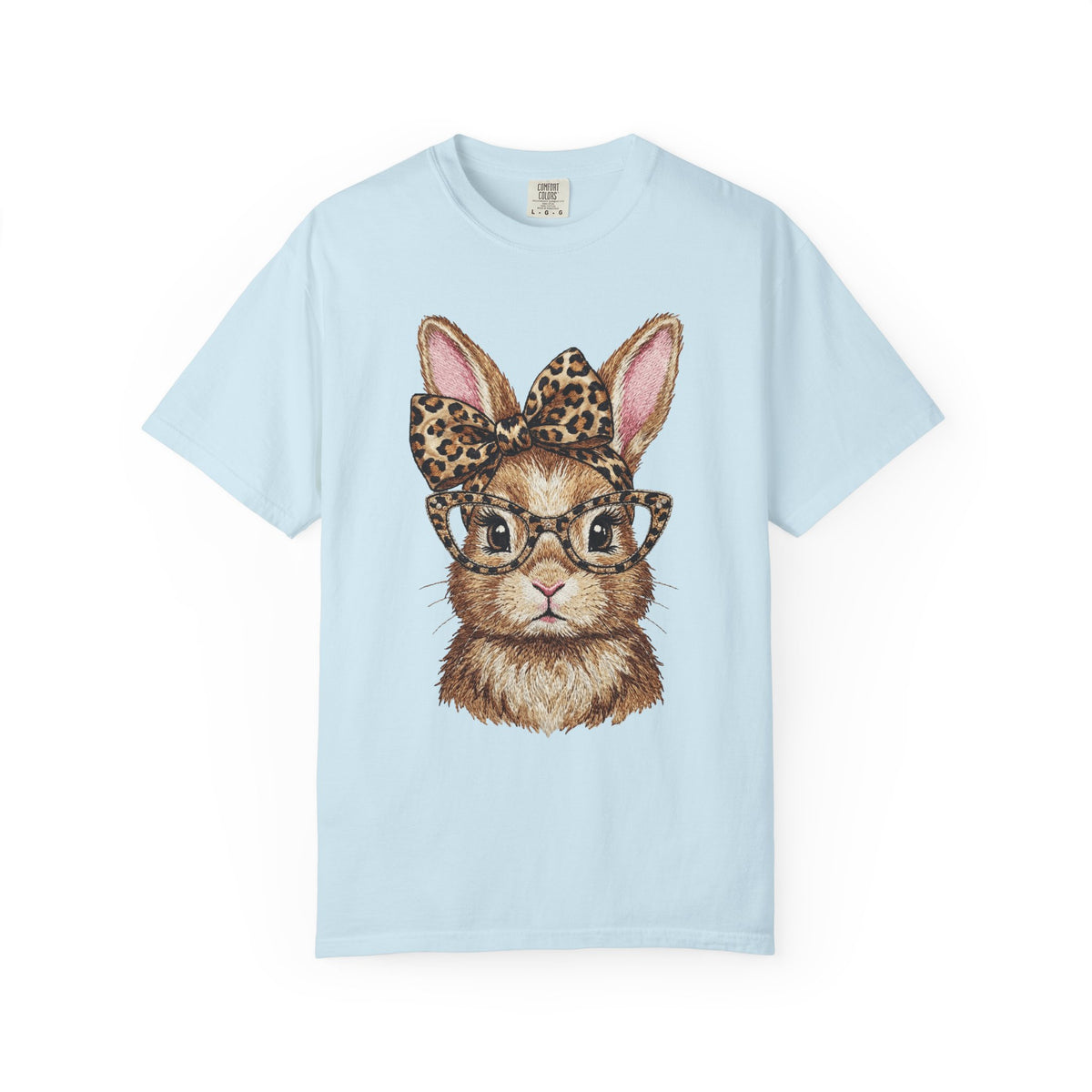 Bunny with Leopard Bow and Glasses - Comfort Colors | Trendy Women's T-Shirt. Direct to Garment. Printed & Shipped in the USA. Unisex Sizes.