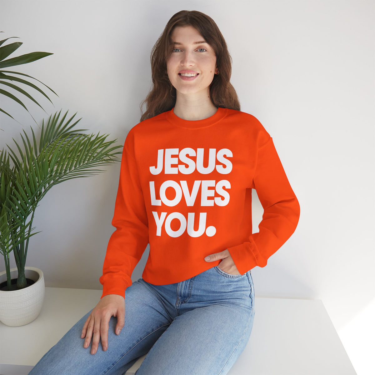 Jesus Loves You – Gildan Heavy Blend | Trendy Women’s and Men's Soft Sweatshirt. Direct to Garment. Printed & Shipped in the USA. Unisex Sizes.