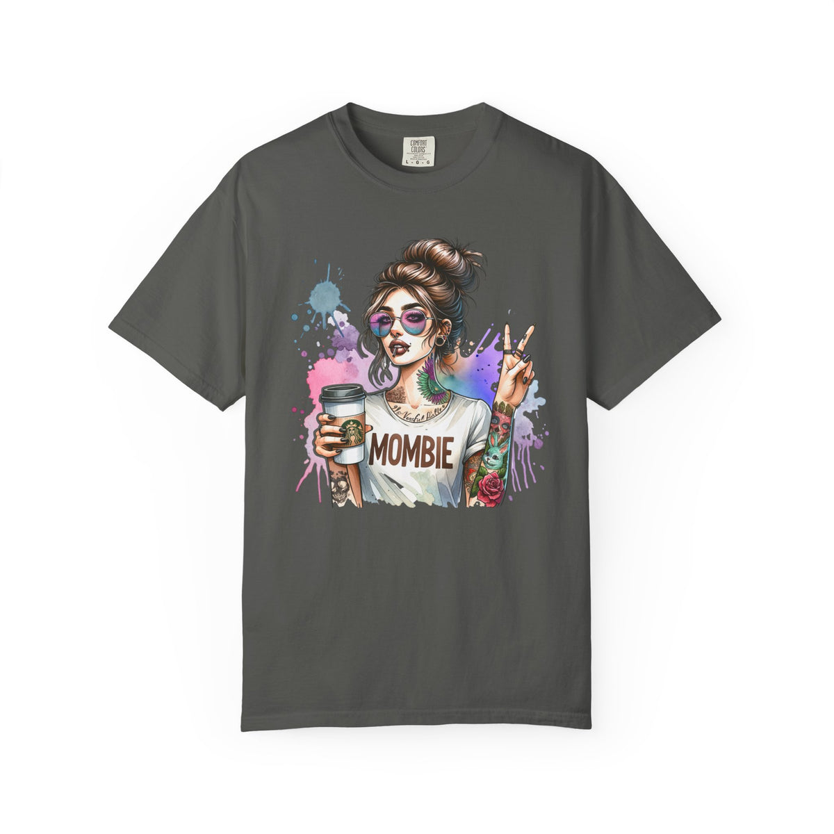 Cool Mombie with Coffee Peace Tattoo - Comfort Colors | Trendy Women's T-Shirt. Direct to Garment. Printed & Shipped in the USA. Unisex Sizes.