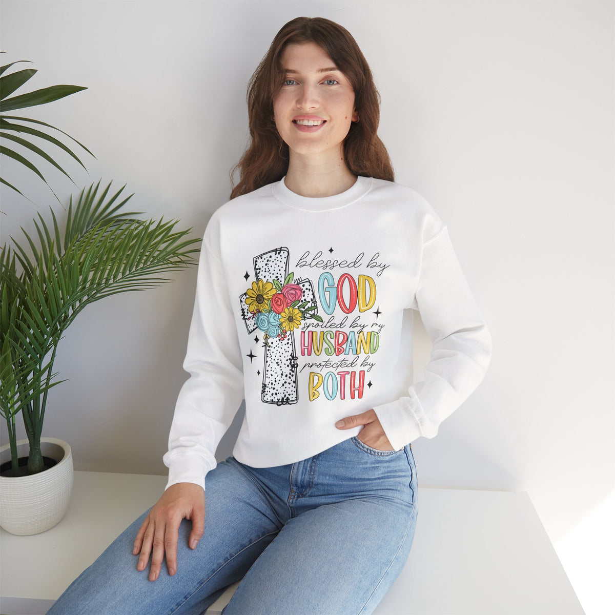 Blessed By God, Spoiled By My Husband, Protected By Both – Gildan Heavy Blend | Trendy Women’s Soft Sweatshirt. Direct to Garment. Printed & Shipped in the USA. Unisex Sizes.