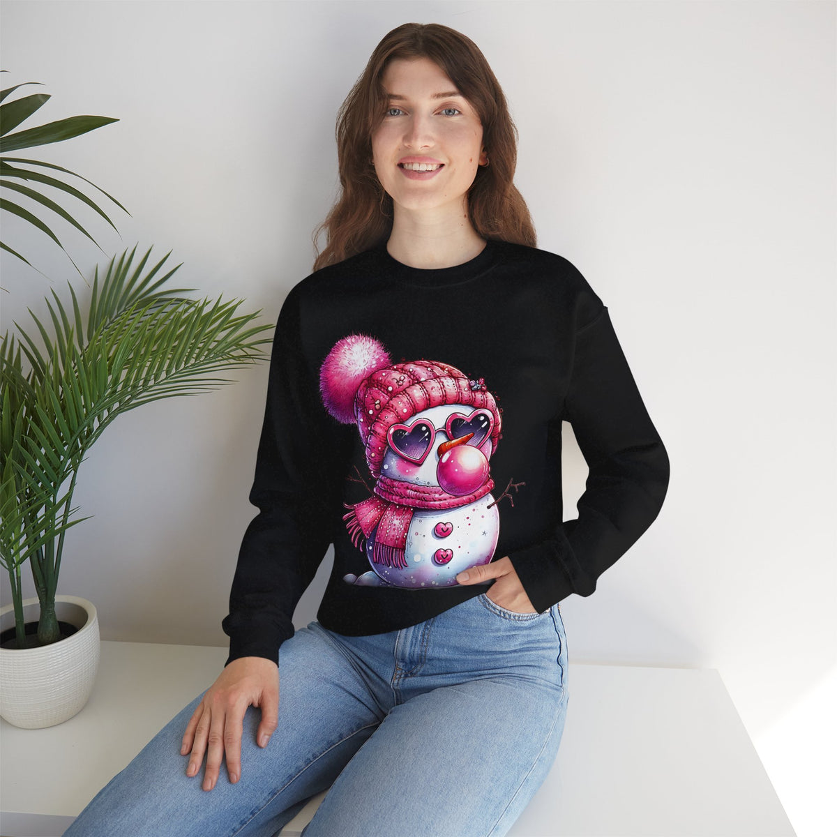 Pink Girly Snowman with Heart Sunglasses and Bubblegum - Winter – Gildan Heavy Blend | Trendy Women’s Soft Sweatshirt. Direct to Garment. Printed & Shipped in the USA. Unisex Sizes.