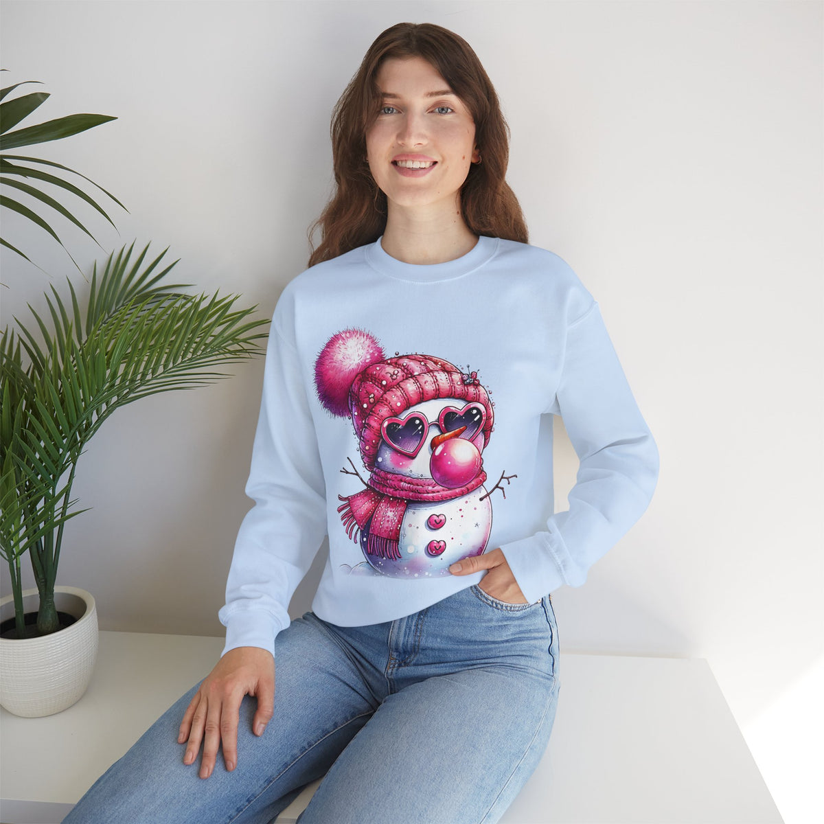 Pink Girly Snowman with Heart Sunglasses and Bubblegum - Winter – Gildan Heavy Blend | Trendy Women’s Soft Sweatshirt. Direct to Garment. Printed & Shipped in the USA. Unisex Sizes.