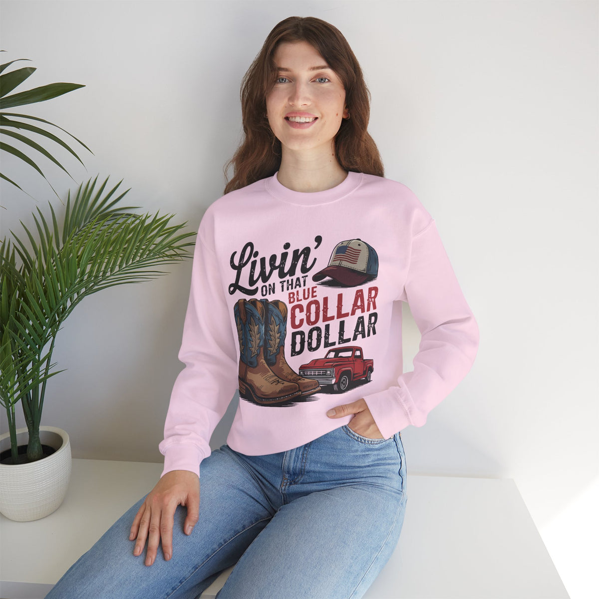 Livin' on That Blue Collar Dollar, Boots and Work Truck – Gildan Heavy Blend | Trendy Men's and Women’s Soft Sweatshirt. Direct to Garment. Printed & Shipped in the USA. Unisex Sizes.
