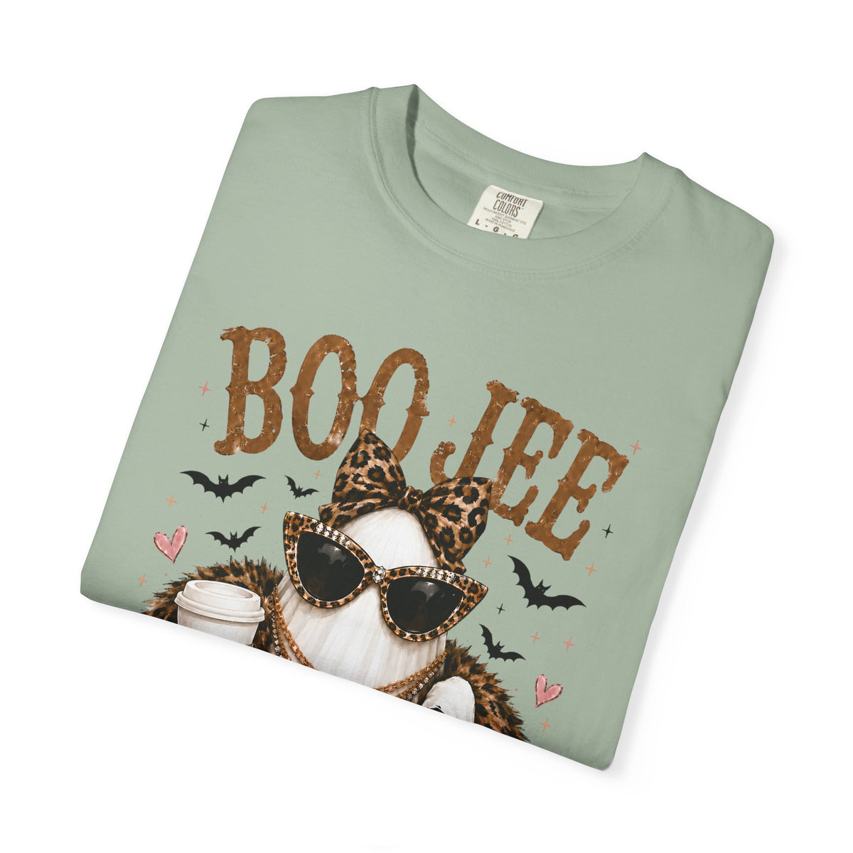 BooJee Ghost with Coffee - Halloween - Comfort Colors | Trendy Women's T-Shirt. Direct to Garment. Printed & Shipped in the USA. Unisex Sizes.