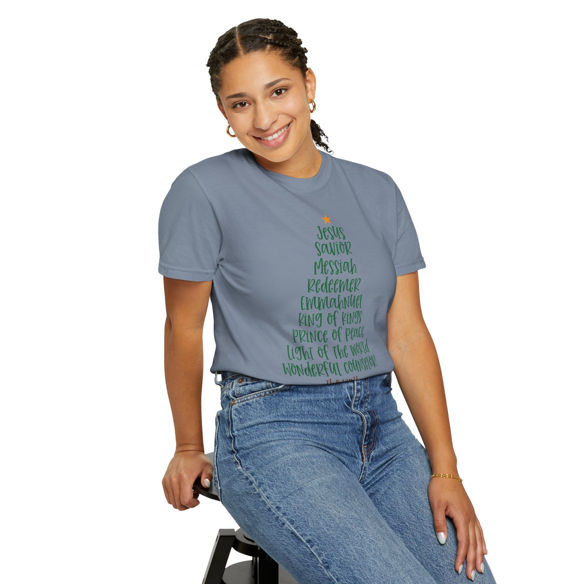 Jesus Name Christmas Tree - Comfort Colors | Trendy Women's T-Shirt. Direct to Garment. Printed & Shipped in the USA. Unisex Sizes.