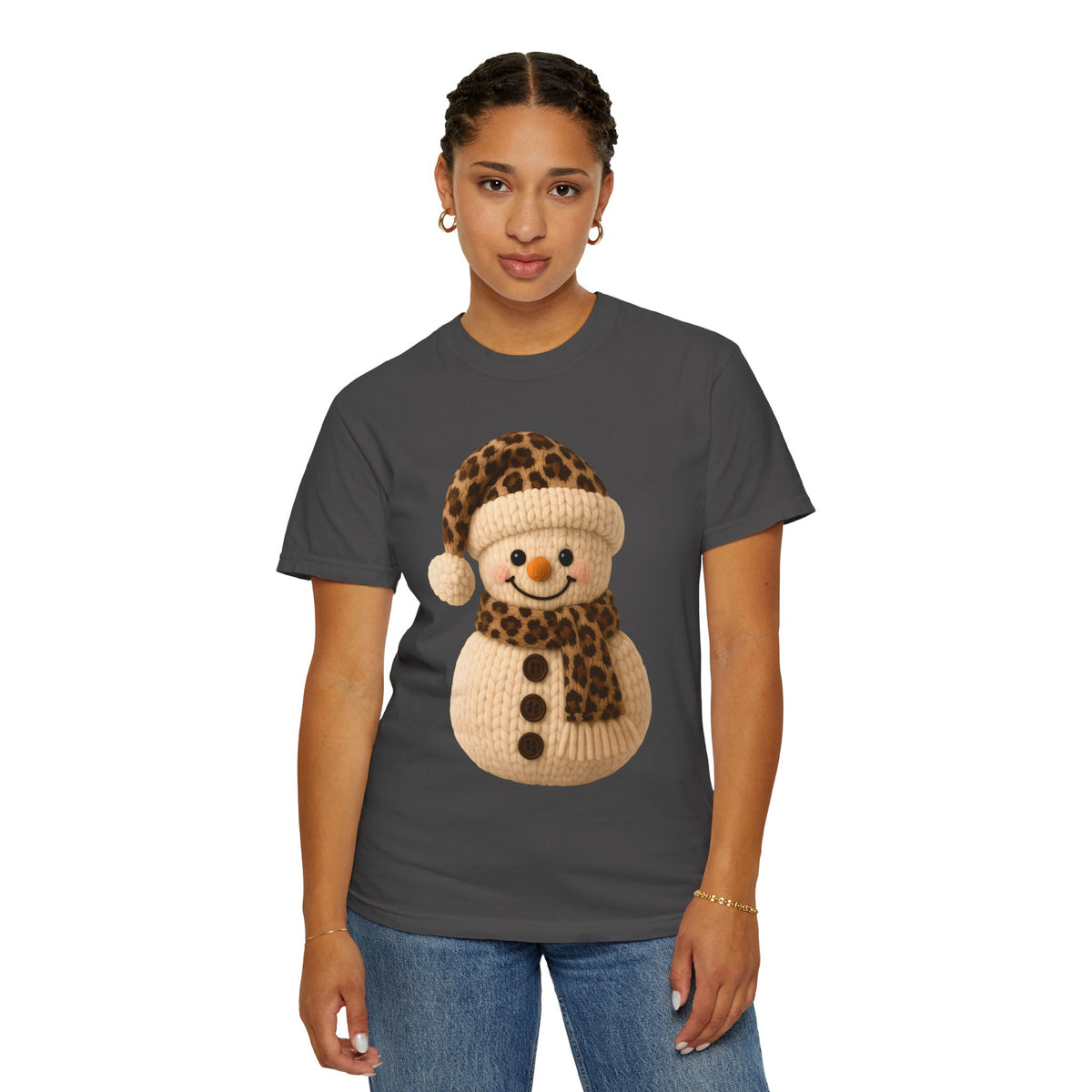 Cute Leopard Faux Knit Snowman Winter - Comfort Colors | Trendy Women's T-Shirt. Direct to Garment. Printed & Shipped in the USA. Unisex Sizes.