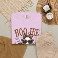 BooJee Ghost with Coffee - Halloween - Comfort Colors | Trendy Women's T-Shirt. Direct to Garment. Printed & Shipped in the USA. Unisex Sizes.
