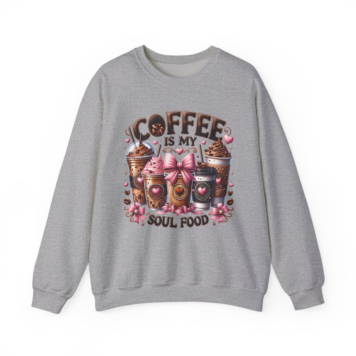 Coffee Is My Soul Food, Iced Coffee, Pink Bow – Gildan Heavy Blend | Trendy Women’s Soft Sweatshirt. Direct to Garment. Printed & Shipped in the USA. Unisex Sizes.