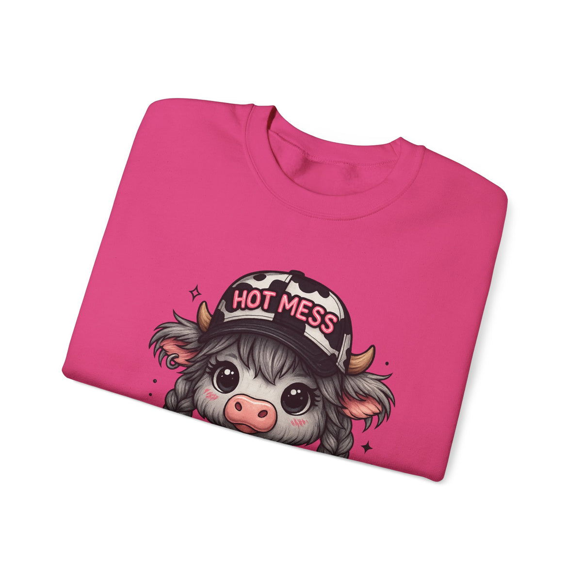 Cute Highland Cow 'Hot Mess' In Braids – Gildan Heavy Blend | Trendy Women’s Soft Sweatshirt. Direct to Garment. Printed & Shipped in the USA. Unisex Sizes.