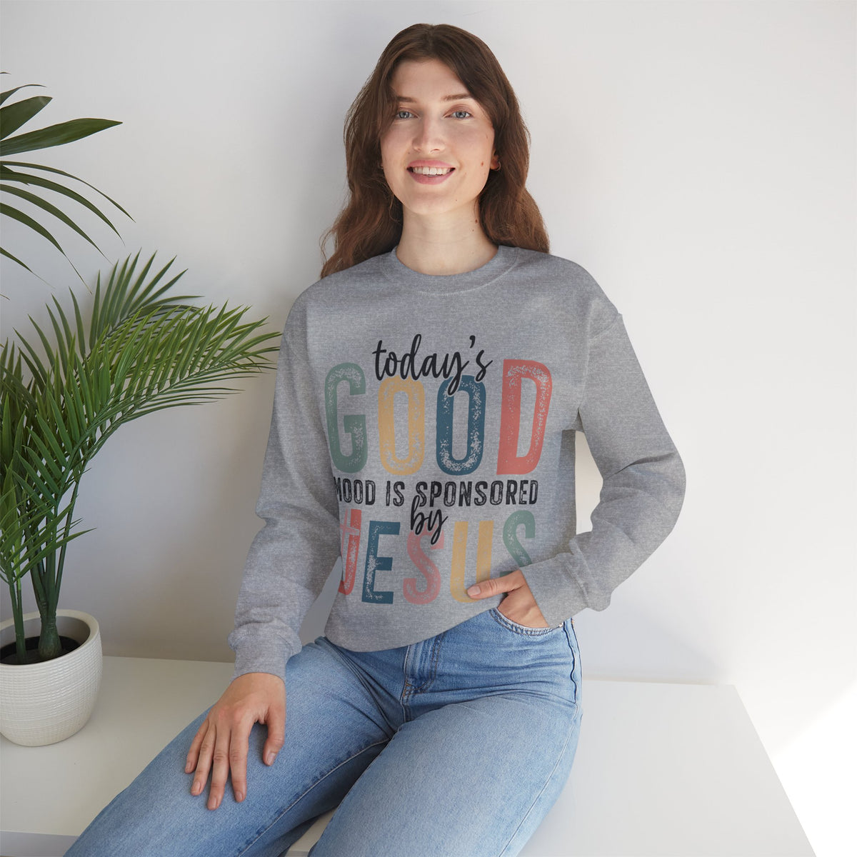 Today's Good Mood Sponsored By Jesus, Christian, Faith – Gildan Heavy Blend | Trendy Women’s Soft Sweatshirt. Direct to Garment. Printed & Shipped in the USA. Unisex Sizes.