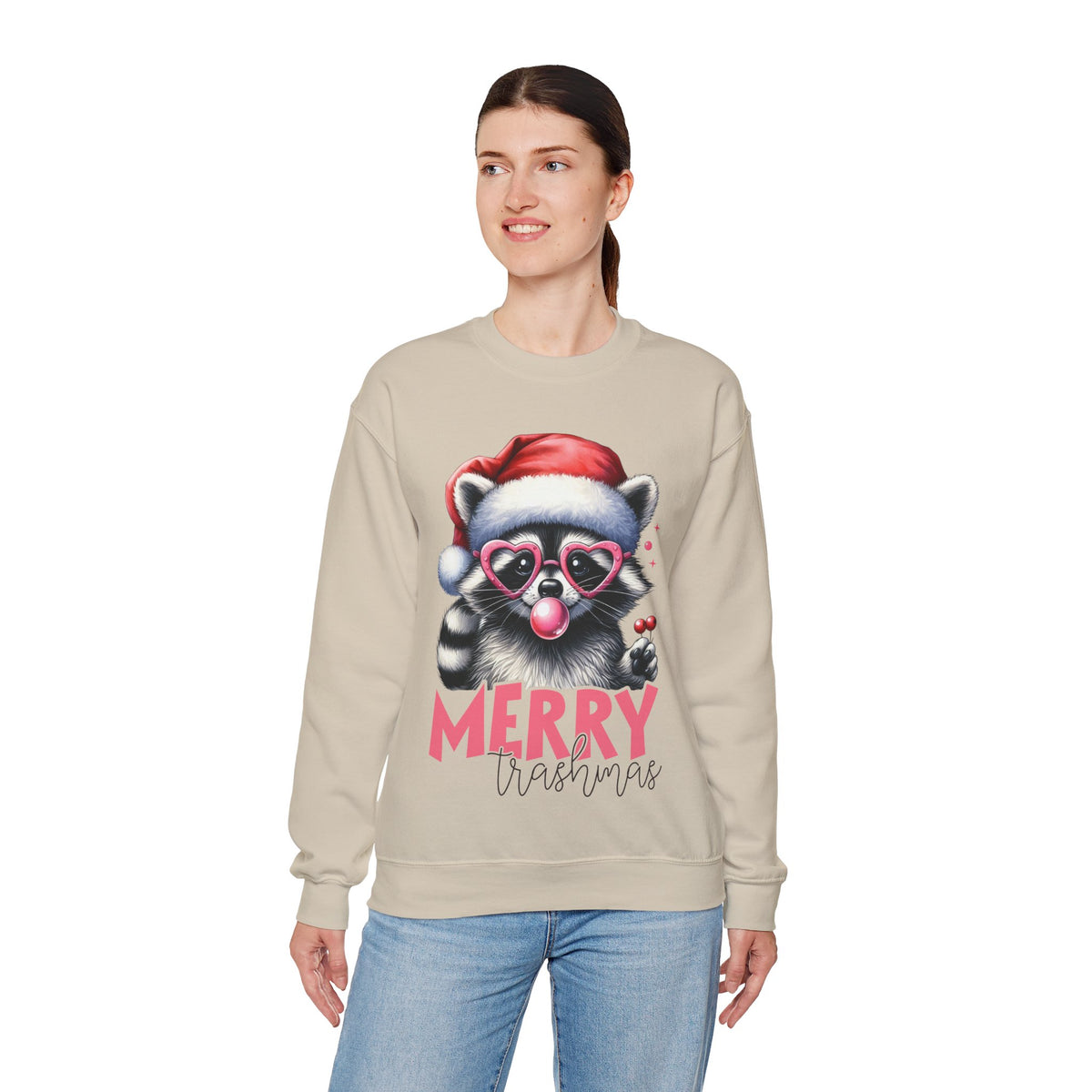 Merry Trashmas Bubblegum Raccoon w/Santa Hat Christmas – Gildan Heavy Blend | Trendy Women’s Soft Sweatshirt. Direct to Garment. Printed & Shipped in the USA. Unisex Sizes.