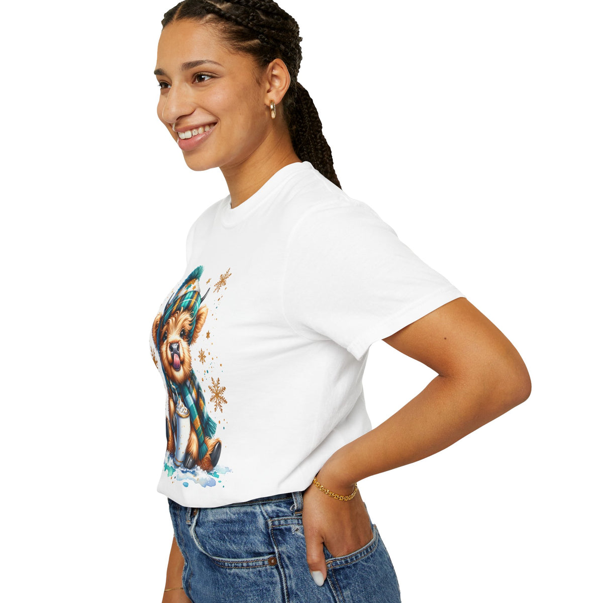 Winter Baby Highland Cow with Cocoa  - Comfort Colors | Trendy Women's T-Shirt. Direct to Garment. Printed & Shipped in the USA. Unisex Sizes.