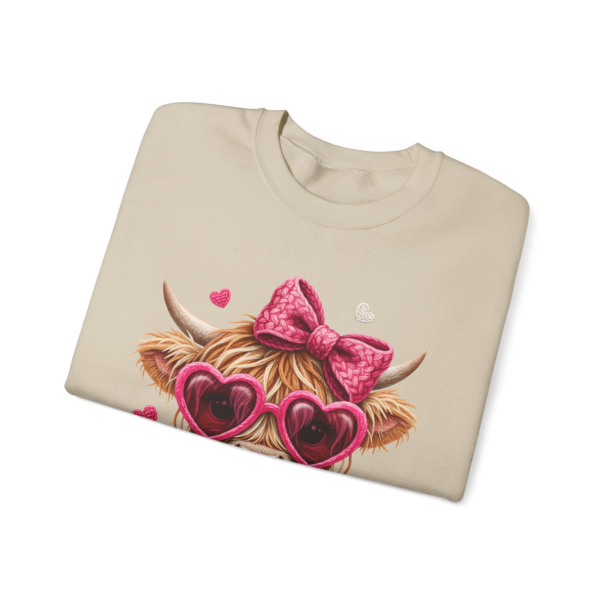 Highland Cow - Pink Heart Shaped Glasses – Gildan Heavy Blend | Trendy Women’s Soft Sweatshirt. Direct to Garment. Printed & Shipped in the USA. Unisex Sizes.