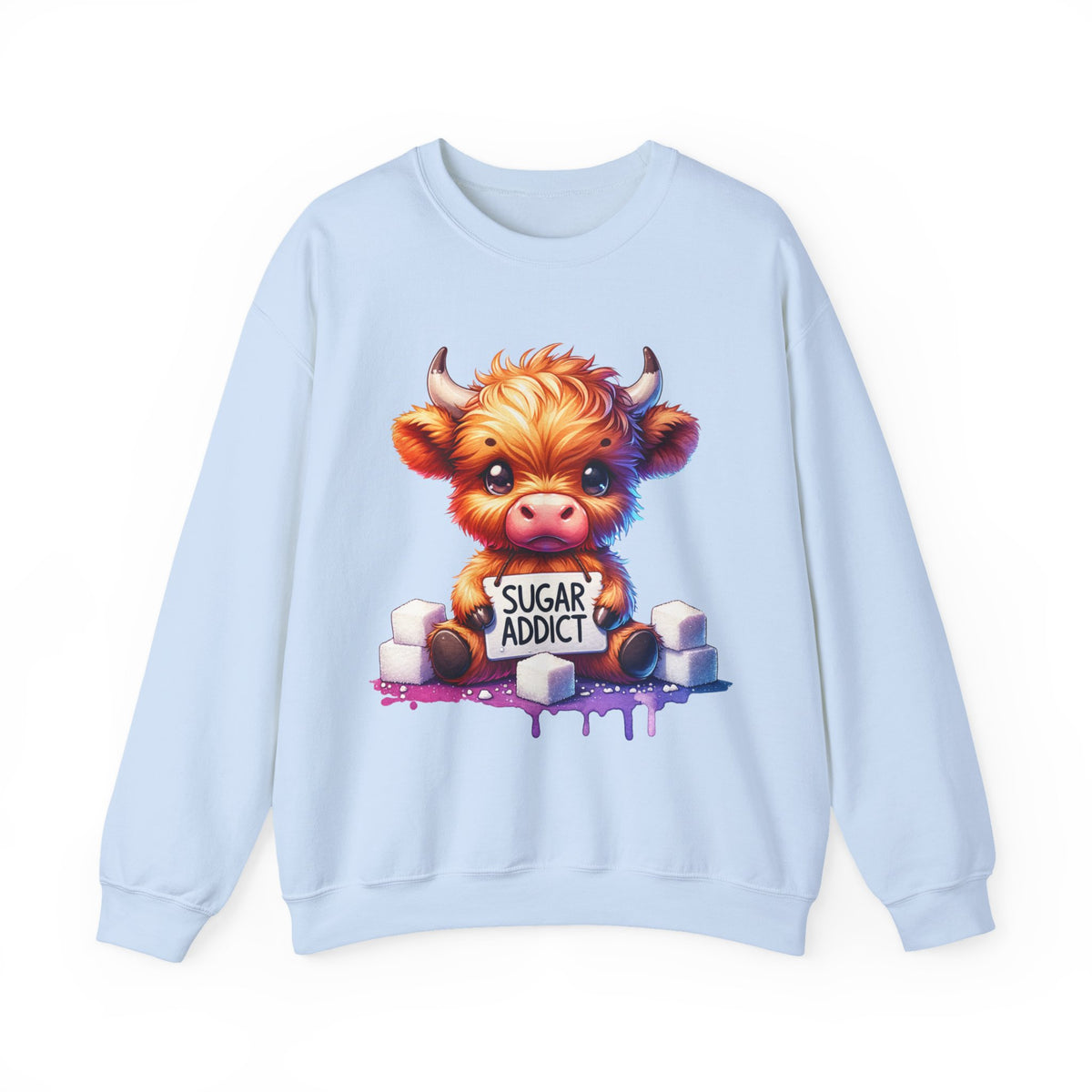 Sugar Addict Highland Cow – Gildan Heavy Blend | Trendy Women’s Soft Sweatshirt. Direct to Garment. Printed & Shipped in the USA. Unisex Sizes.