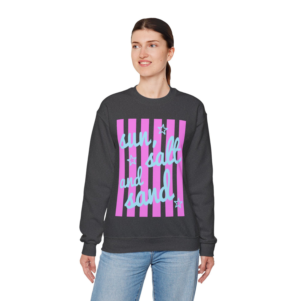 Sun, Salt and Sand – Gildan Heavy Blend | Trendy Women’s Soft Sweatshirt. Direct to Garment. Printed & Shipped in the USA. Unisex Sizes.