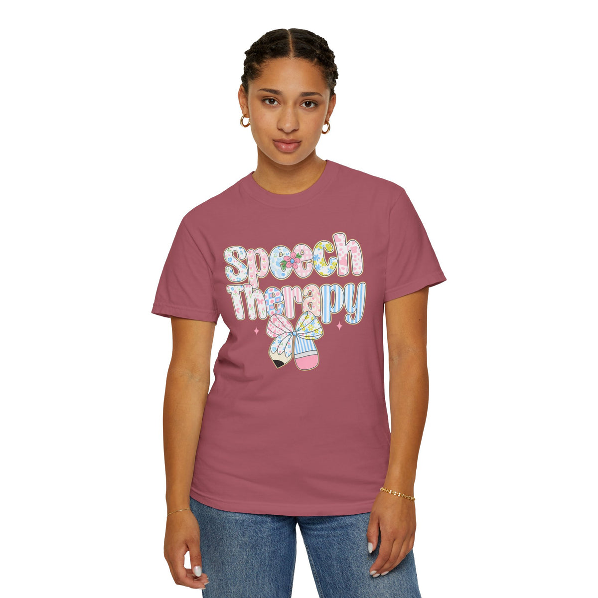 Speech Therapy - Pink Blue Coquette - Comfort Colors | Trendy Women's T-Shirt. Direct to Garment. Printed & Shipped in the USA. Unisex Sizes.