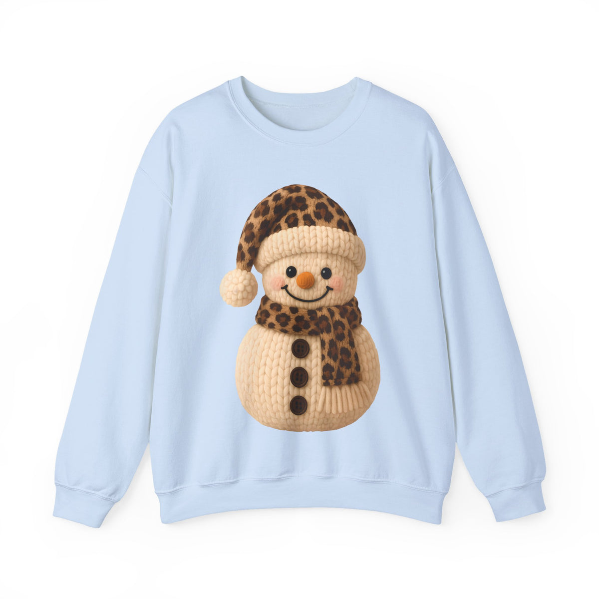 Cute Leopard Faux Knit Snowman Winter – Gildan Heavy Blend | Trendy Women’s Soft Sweatshirt. Direct to Garment. Printed & Shipped in the USA. Unisex Sizes.