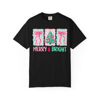 Merry & Bright Christmas — Pink & Green Holiday Tree Design - Comfort Colors | Trendy Women's T-Shirt. Direct to Garment. Printed & Shipped in the USA. Unisex Sizes.