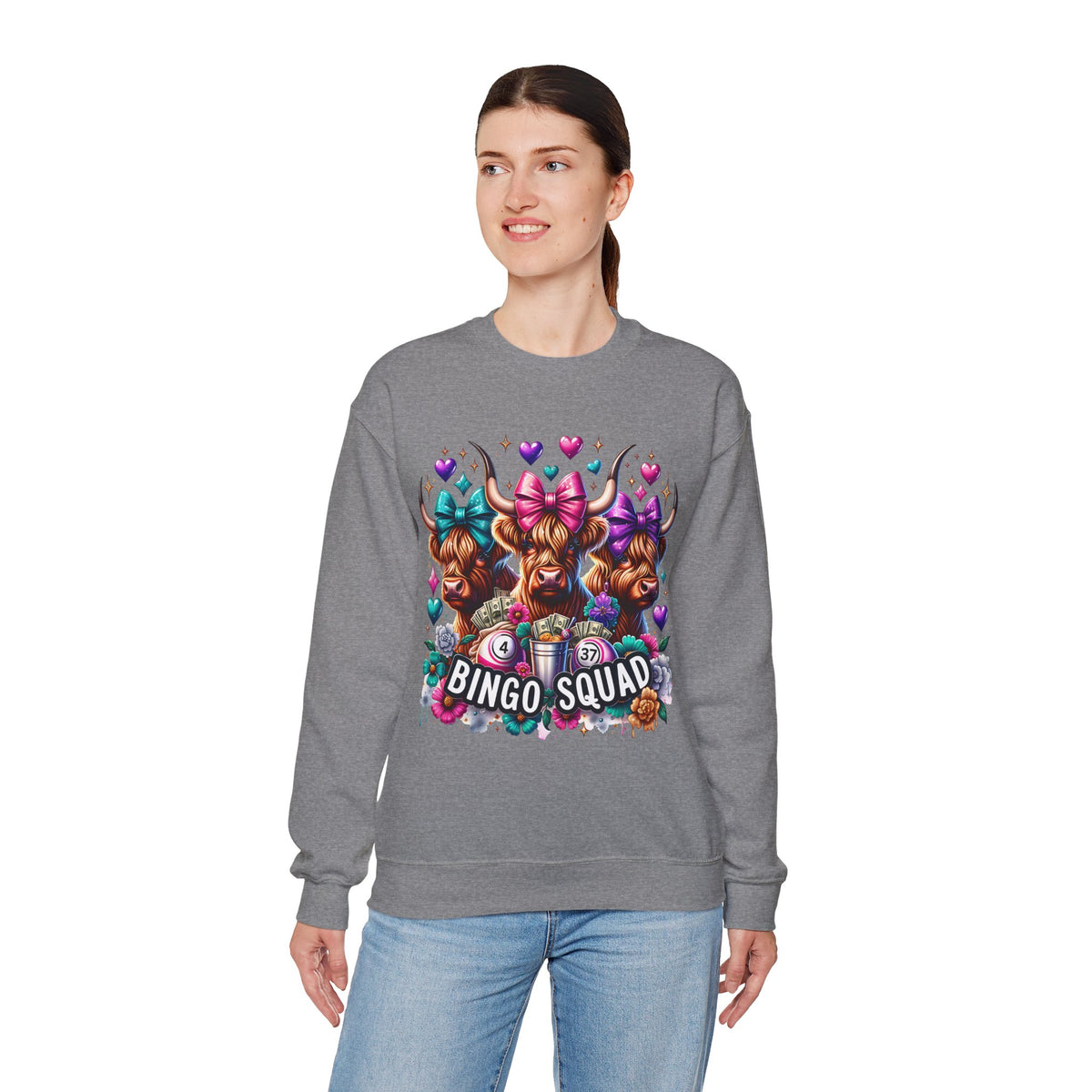 Cute Highland Cows Bingo Squad – Gildan Heavy Blend | Trendy Women’s Soft Sweatshirt. Direct to Garment. Printed & Shipped in the USA. Unisex Sizes.