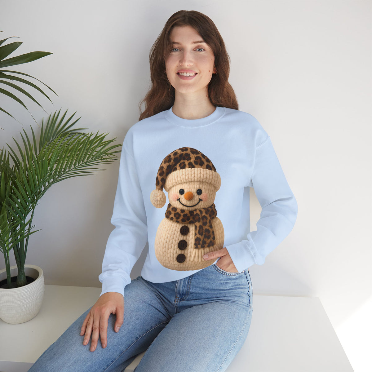 Cute Leopard Faux Knit Snowman Winter – Gildan Heavy Blend | Trendy Women’s Soft Sweatshirt. Direct to Garment. Printed & Shipped in the USA. Unisex Sizes.