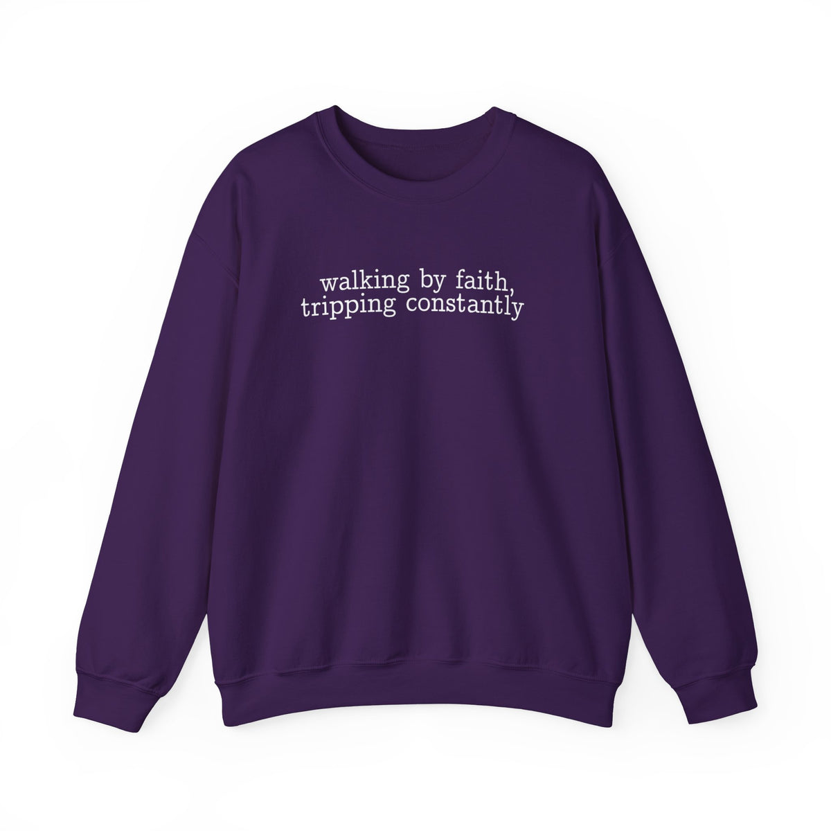 Walking By Faith, Tripping Constantly - Minimalist Design – Gildan Heavy Blend | Trendy Men's and Women’s Soft Sweatshirt. Direct to Garment. Printed & Shipped in the USA. Unisex Sizes.