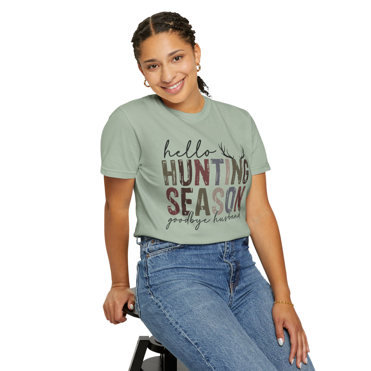 Hello Hunting Season Goodbye Husband Camouflage Wife - Comfort Colors | Trendy Women's T-Shirt. Direct to Garment. Printed & Shipped in the USA. Unisex Sizes.