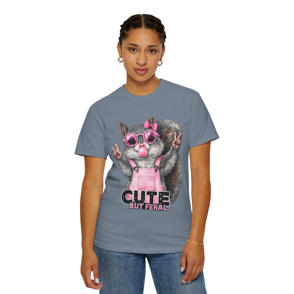 Cute But Feral, Squirrel in Pink Bibs - Comfort Colors | Trendy Women's T-Shirt. Direct to Garment. Printed & Shipped in the USA. Unisex Sizes.