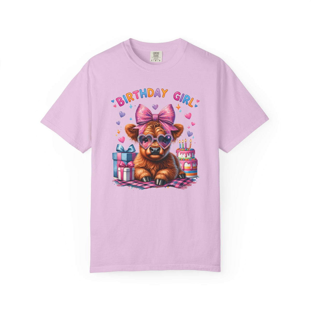 Birthday Girl, Highland Cow - Comfort Colors | Trendy Women's T-Shirt. Direct to Garment. Printed & Shipped in the USA. Unisex Sizes.