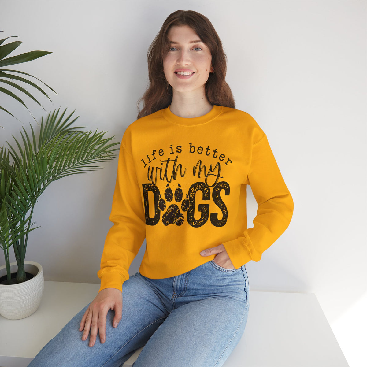 Life Is Better With My Dogs, Distressed – Gildan Heavy Blend | Trendy Women’s and Men's Soft Sweatshirt. Direct to Garment. Printed & Shipped in the USA. Unisex Sizes.